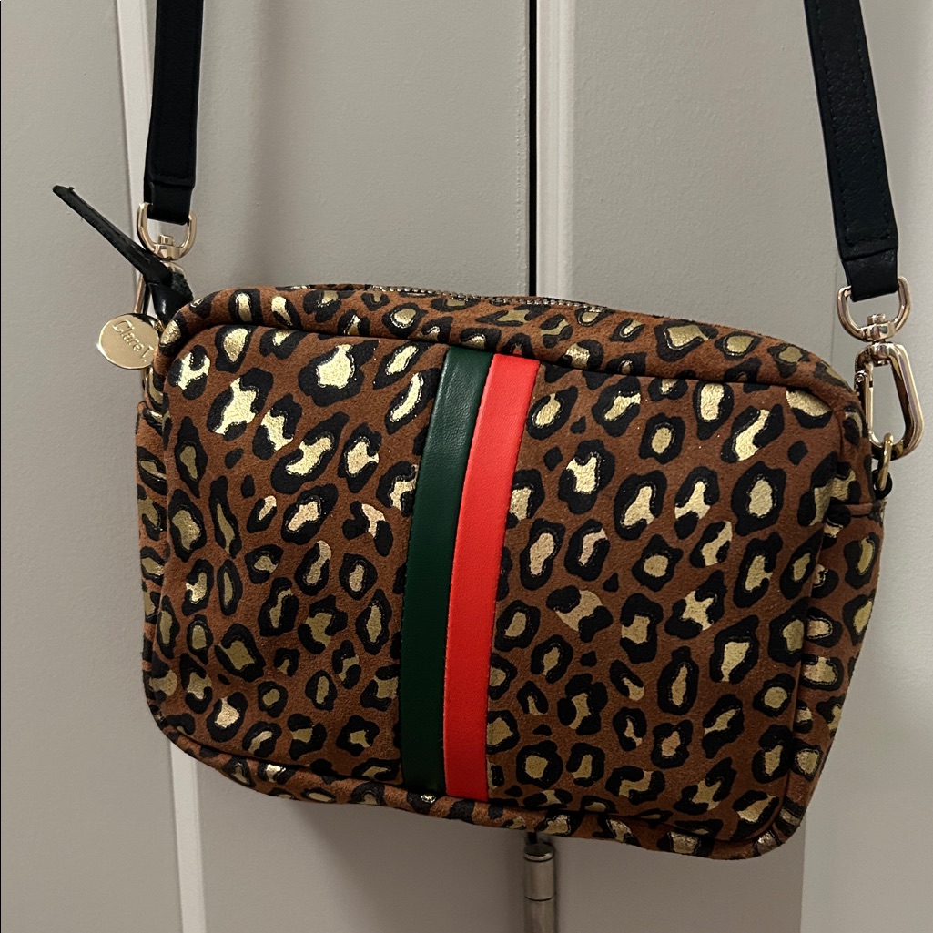 Clare V Suede Leopard Print Crossbody Midi Sac Bag With Red And Green Stripes